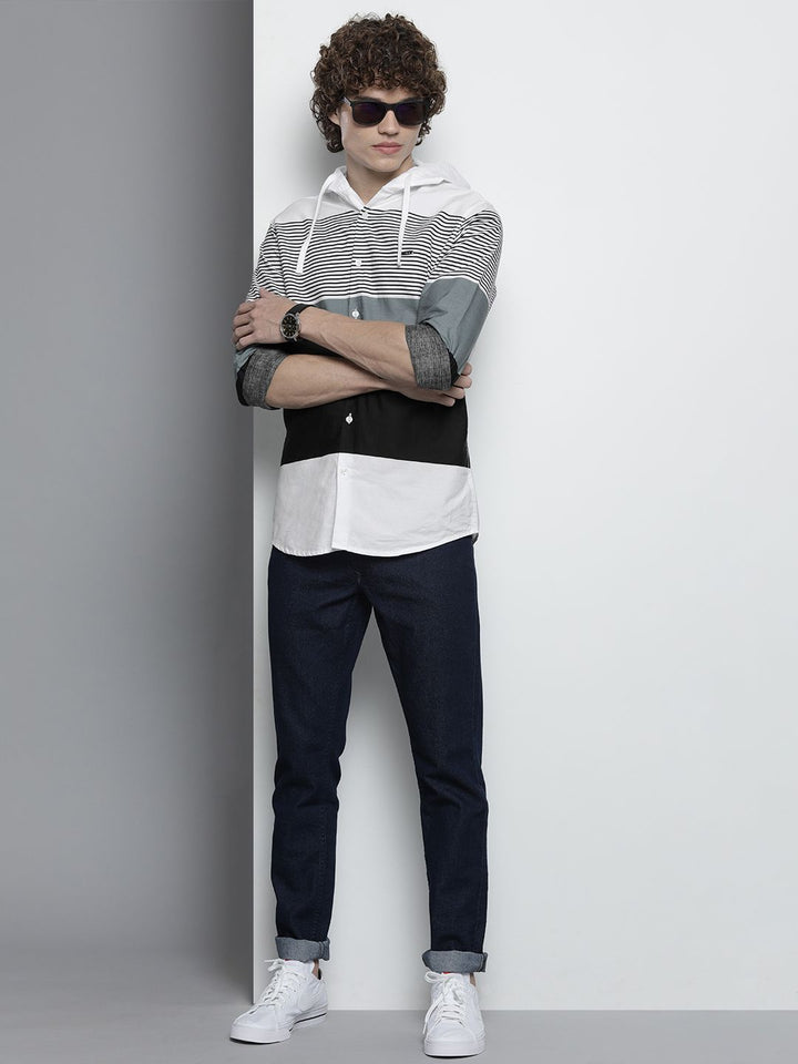 The Indian Garage Co Men Pure Cotton White & Grey Horizontal Striped Casual Shirt