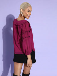 Antheaa Women Purple Solid Peter Pan Collar Top