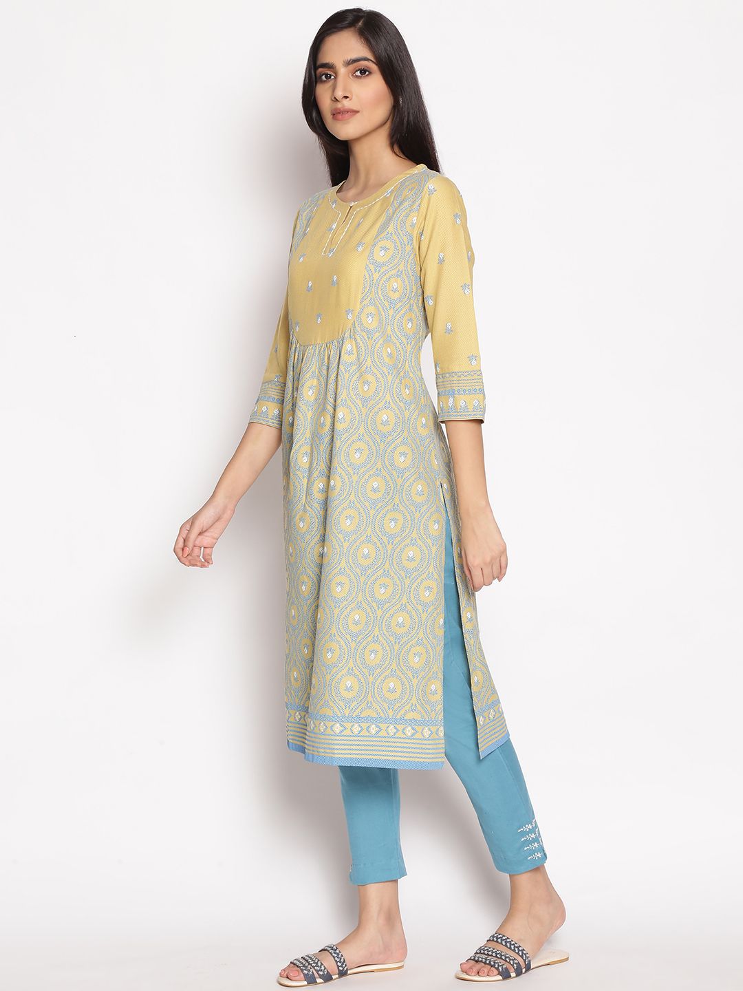 W Women Yellow & Blue Ethnic Motifs Printed Flared Sleeves Kurta