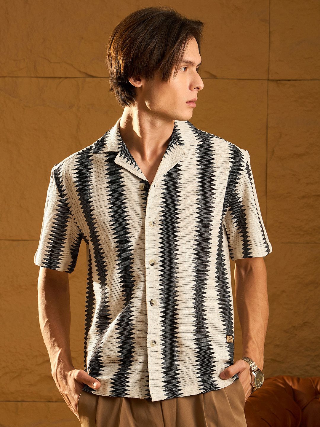 DENNISON Relaxed Vertical Striped Printed Cuban Collar Oversized Cotton Crochet Shirt