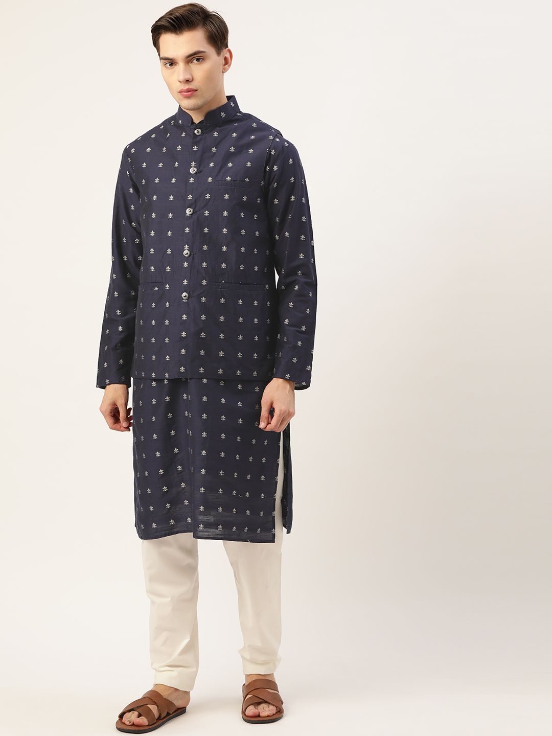 SOJANYA Kurta Rekaan Sendiri Tentera Laut Lelaki dengan Jaket Churidar & Nehru