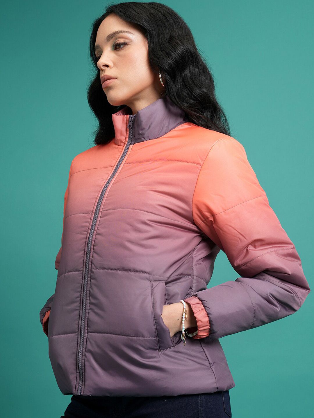 Tokyo Talkies Black & Orange-Coloured Colourblocked Mock Collar Puffer Jacket