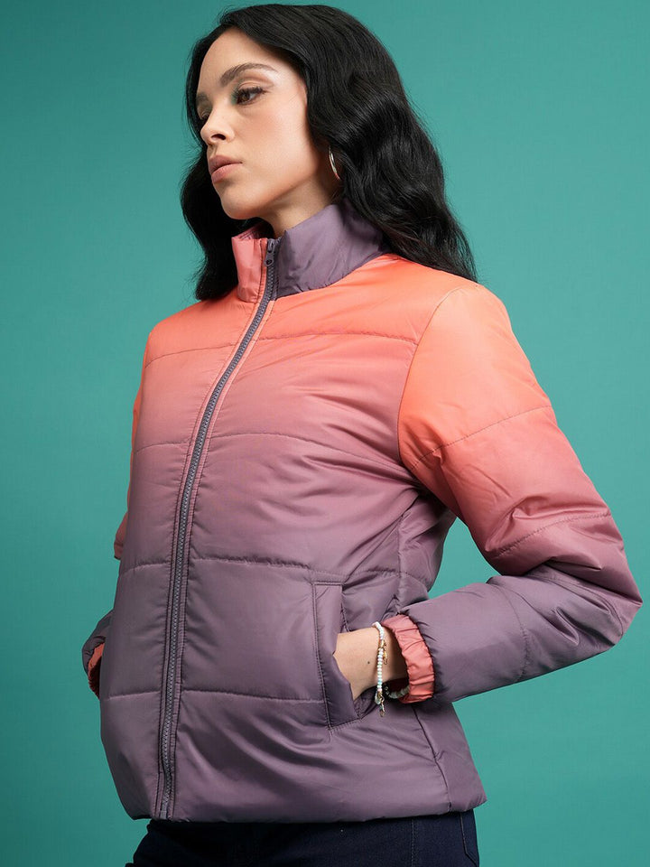 Tokyo Talkies Black & Orange-Coloured Colourblocked Mock Collar Puffer Jacket