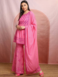 Vishudh Pink Embroidered Mirror Work Pure Cotton A-Line Kurta With Sharara & Dupatta