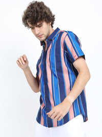 HIGHLANDER Men Blue & Peach-Coloured Slim Fit Multi Stripes Striped Cotton Casual Shirt