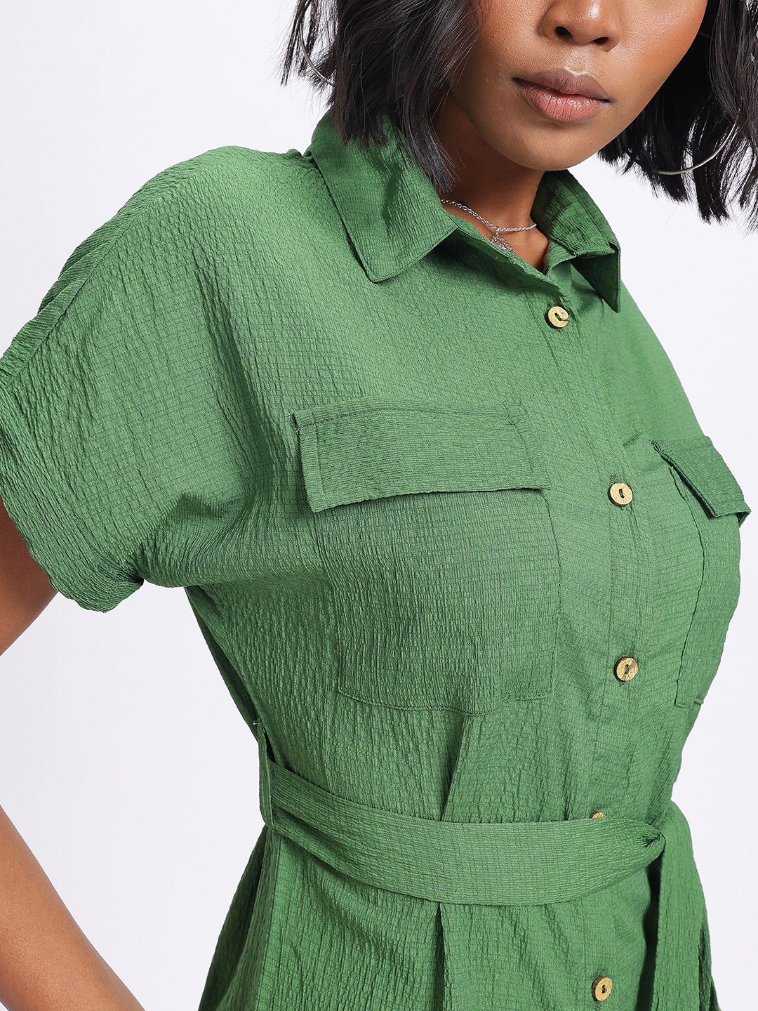 DressBerry Pastel Dreams Textured Belted Shirt Style Dress