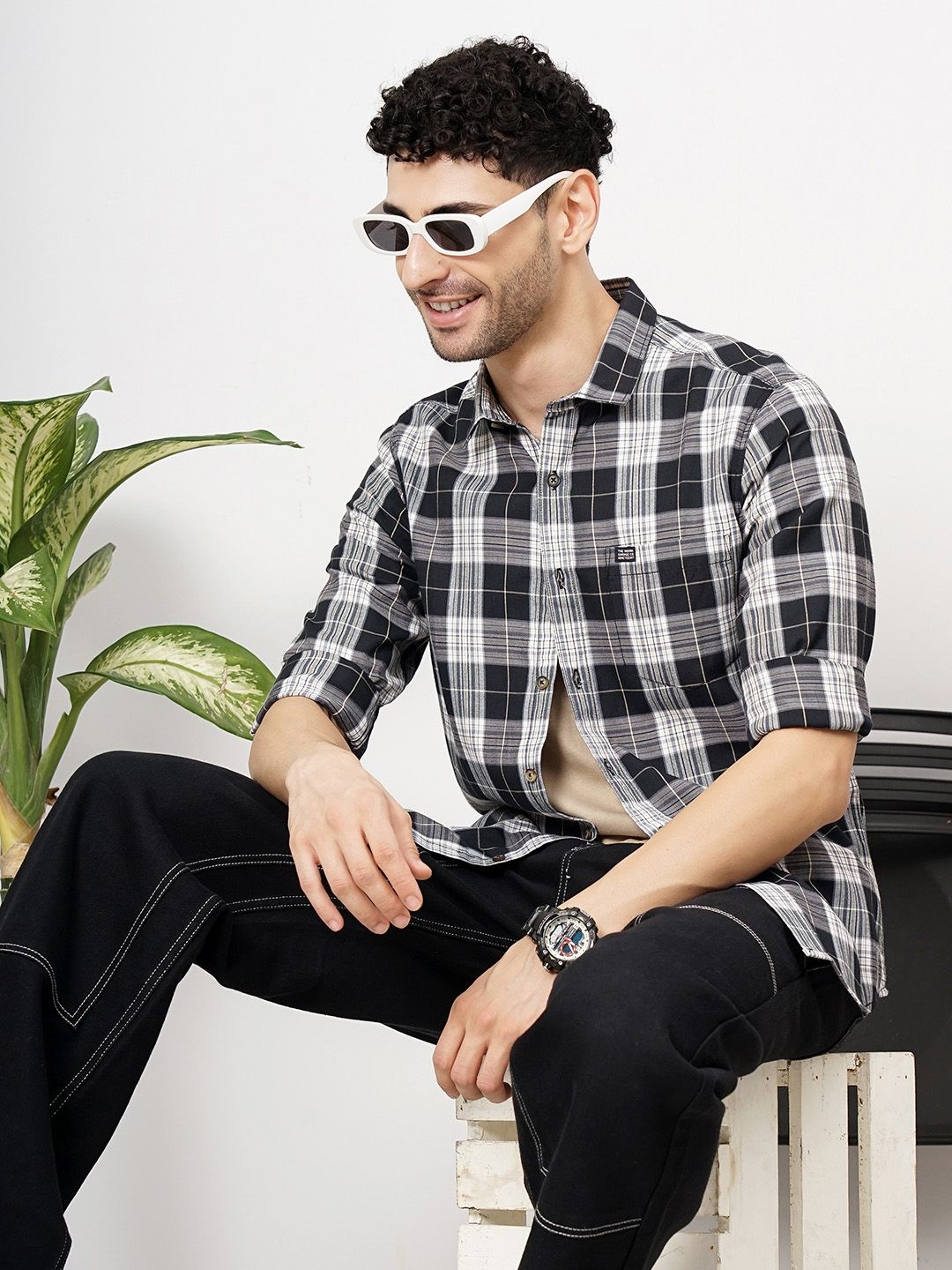 The Indian Garage Co Men Tartan Checked Cotton Casual Shirt