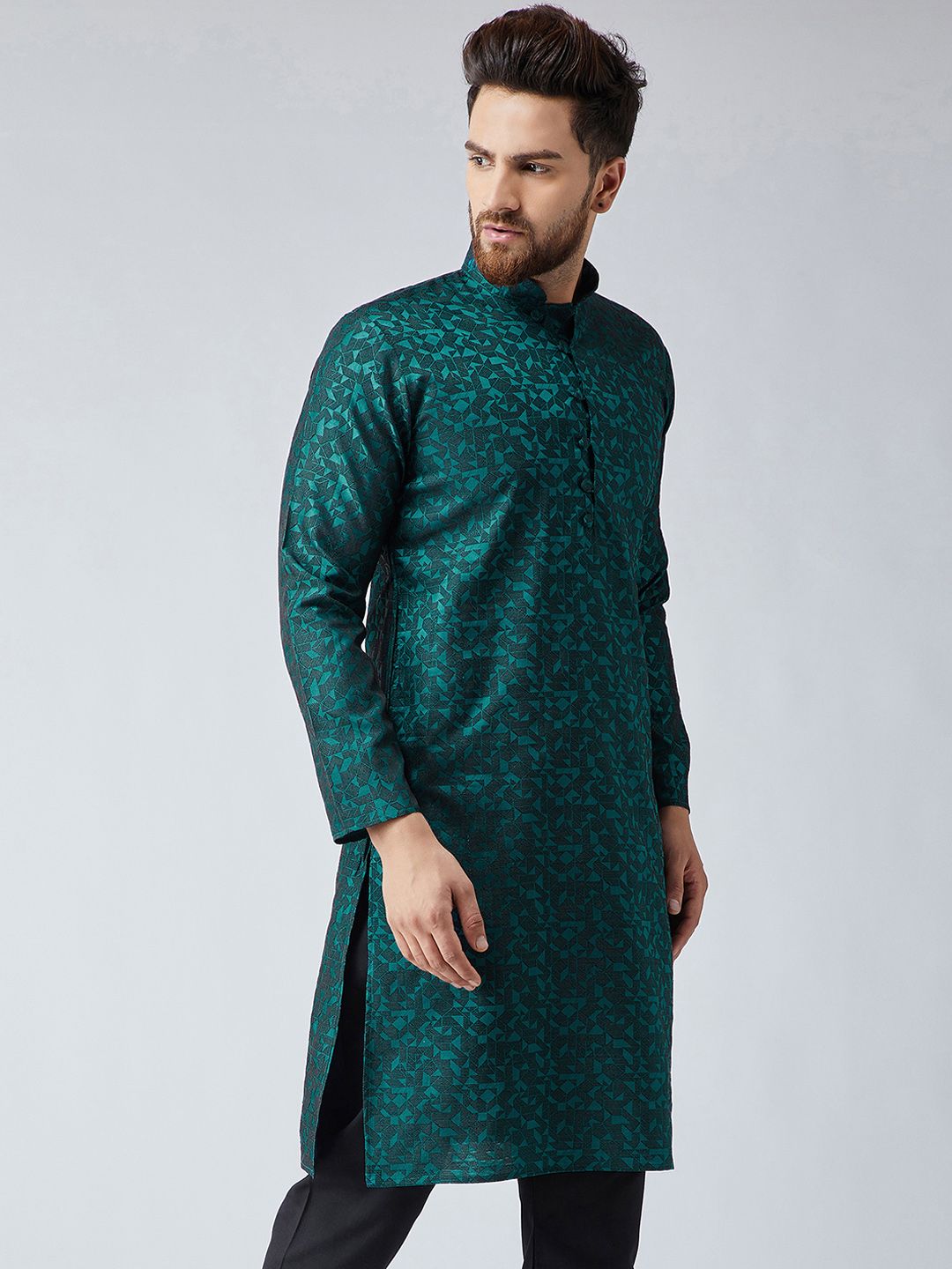 SOJANYA Men Teal Green Woven Design Kurta Lurus