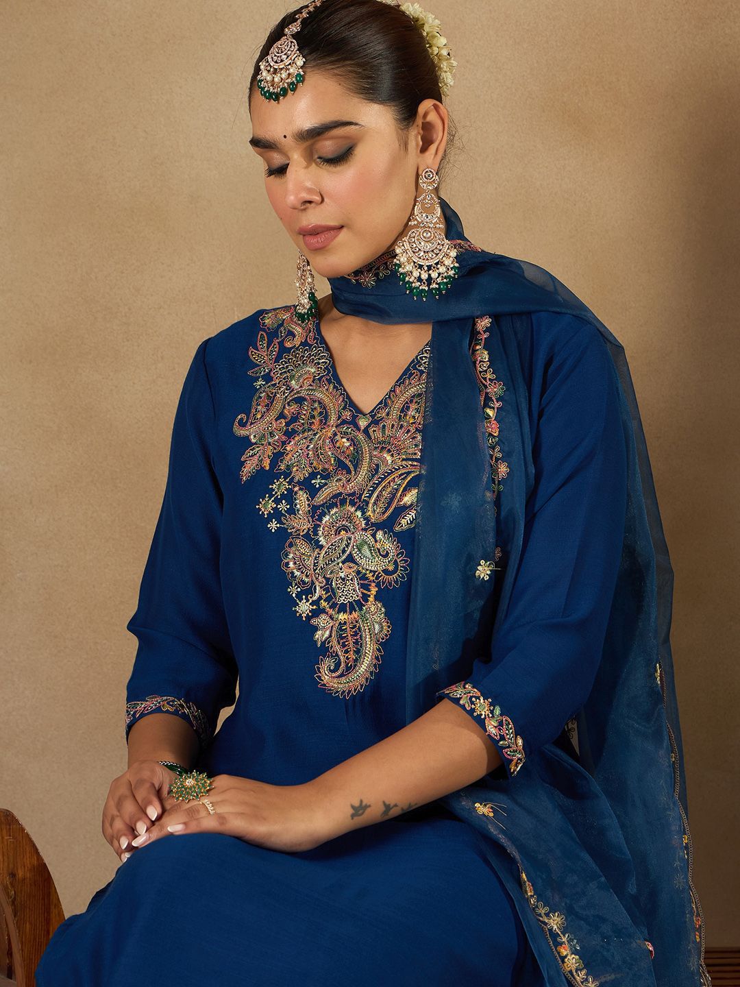Indo Era Women Ethnic Motifs Embroidered Regular Liva Kurta with Trousers & With Dupatta