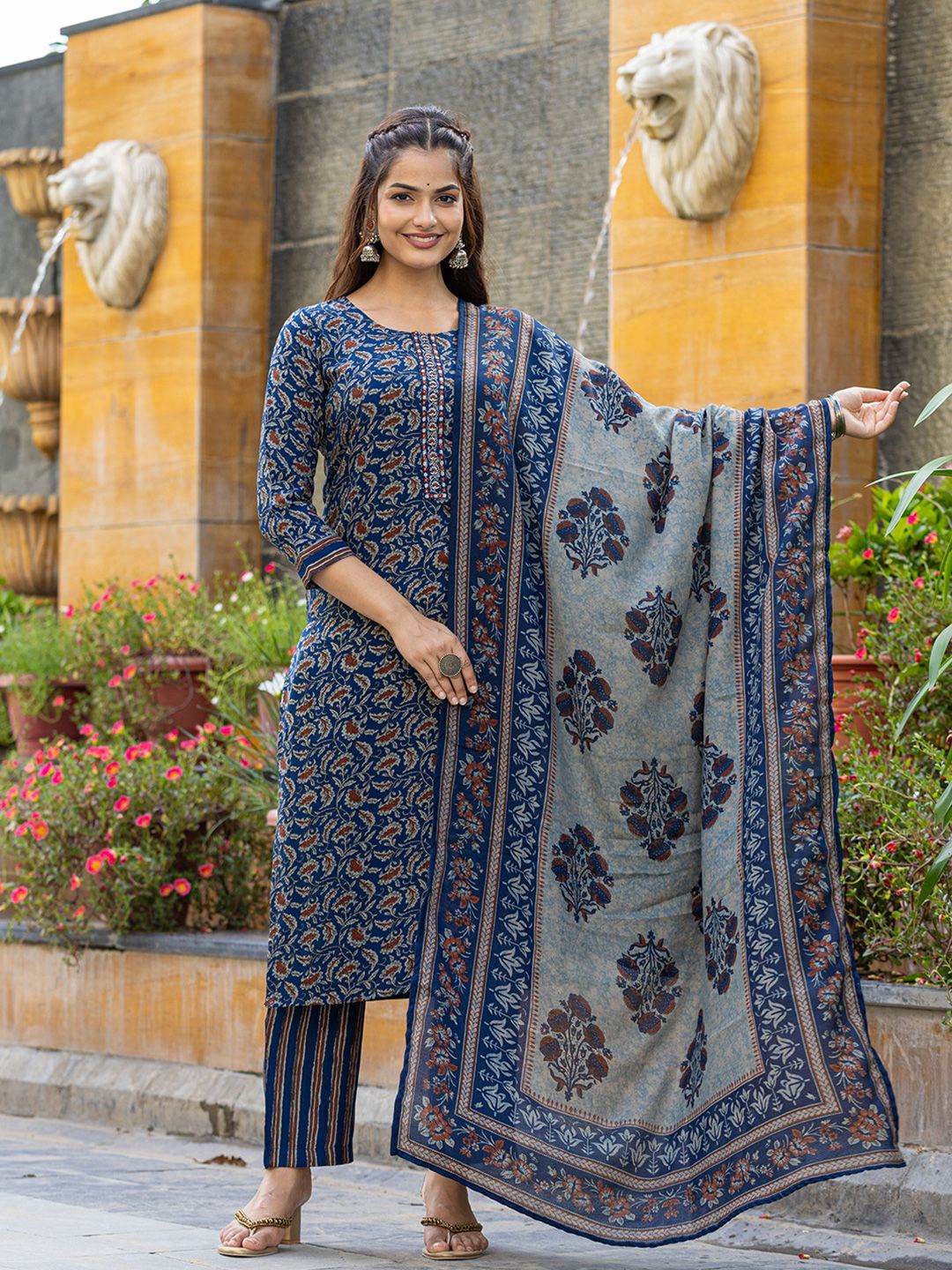 KALINI Floral Printed Thread Work Straight Kurta With Trousers & Dupatta
