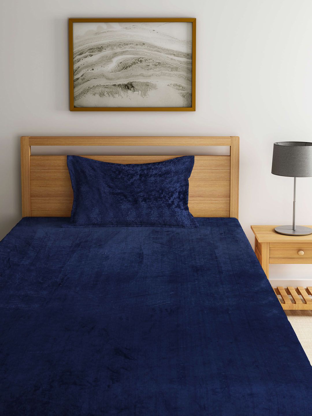 KLOTTHE Blue Woolen 300 TC Single Bedsheet With 1 Pillow Cover