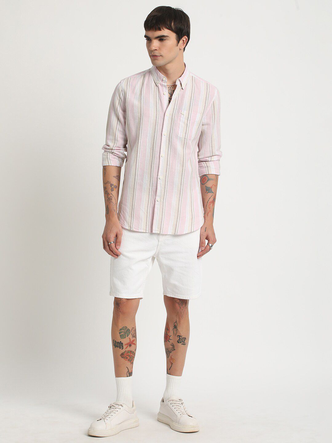 THE BEAR HOUSE Slim Fit Vertical Striped Button-Down Collar Cotton Linen Casual Shirt