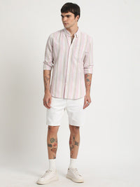 THE BEAR HOUSE Slim Fit Vertical Striped Button-Down Collar Cotton Linen Casual Shirt