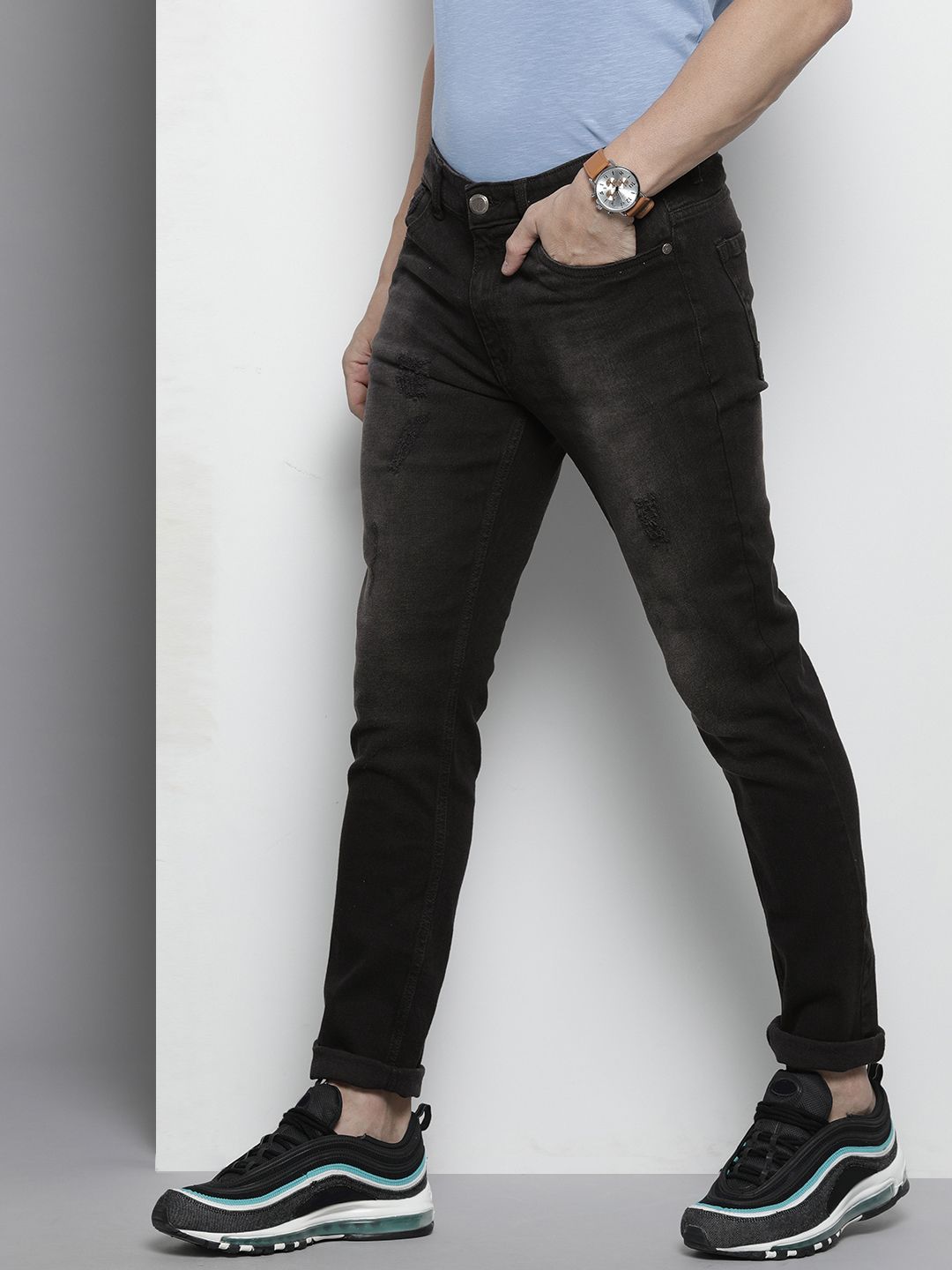 The Indian Garage Co Men Black Slim Fit Low Distress Light Fade Stretchable Jeans