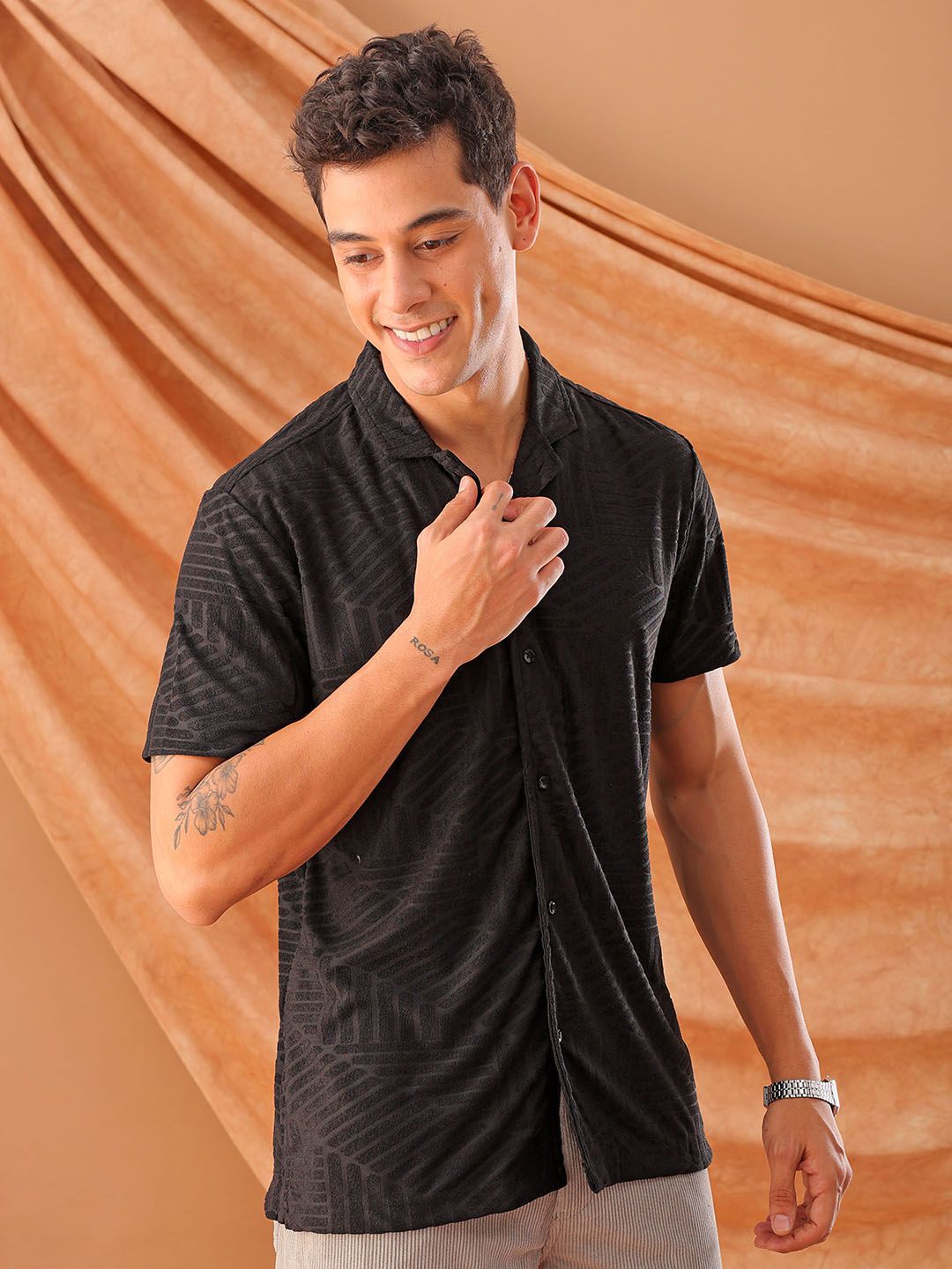 The Indian Garage Co Men Slim Fit Textured Terry Knit Resortwear Shirt