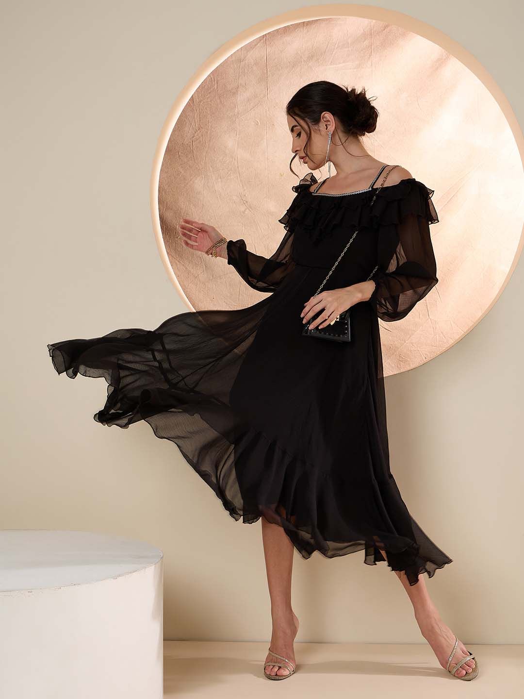 Antheaa Embellished Puff Sleeve frilled Fit and Flare Midi Dress