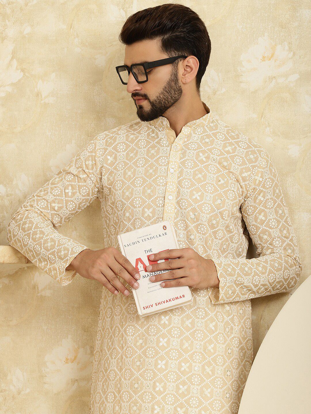 SOJANYA Ethnic Motifs Embroidered Thread Work Pure Cotton Straight Kurta with Churidar