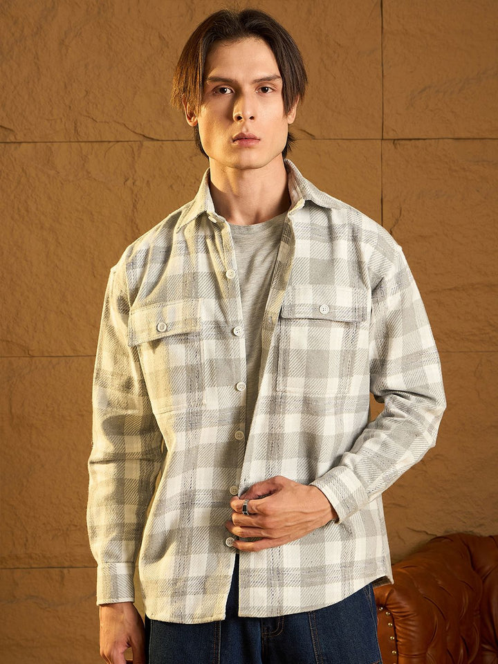DENNISON Men Double Pocket Drop Shoulder Oversized Cotton Checked Shacket