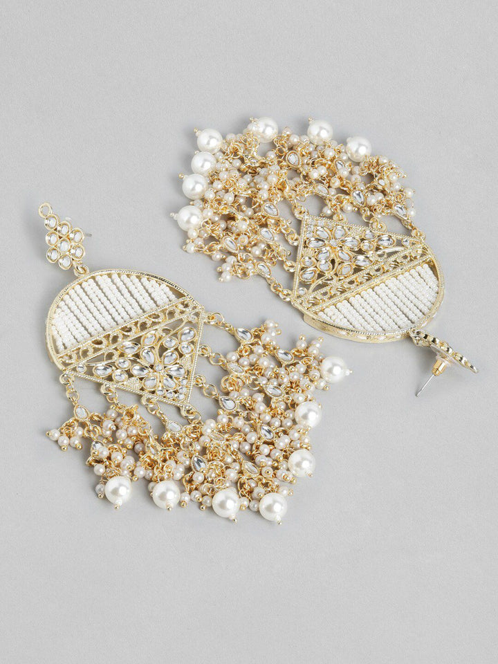 Rubans 18K Gold Plated Kundan Work and Off-White Pearl Beaded Big Chandelier Earrings