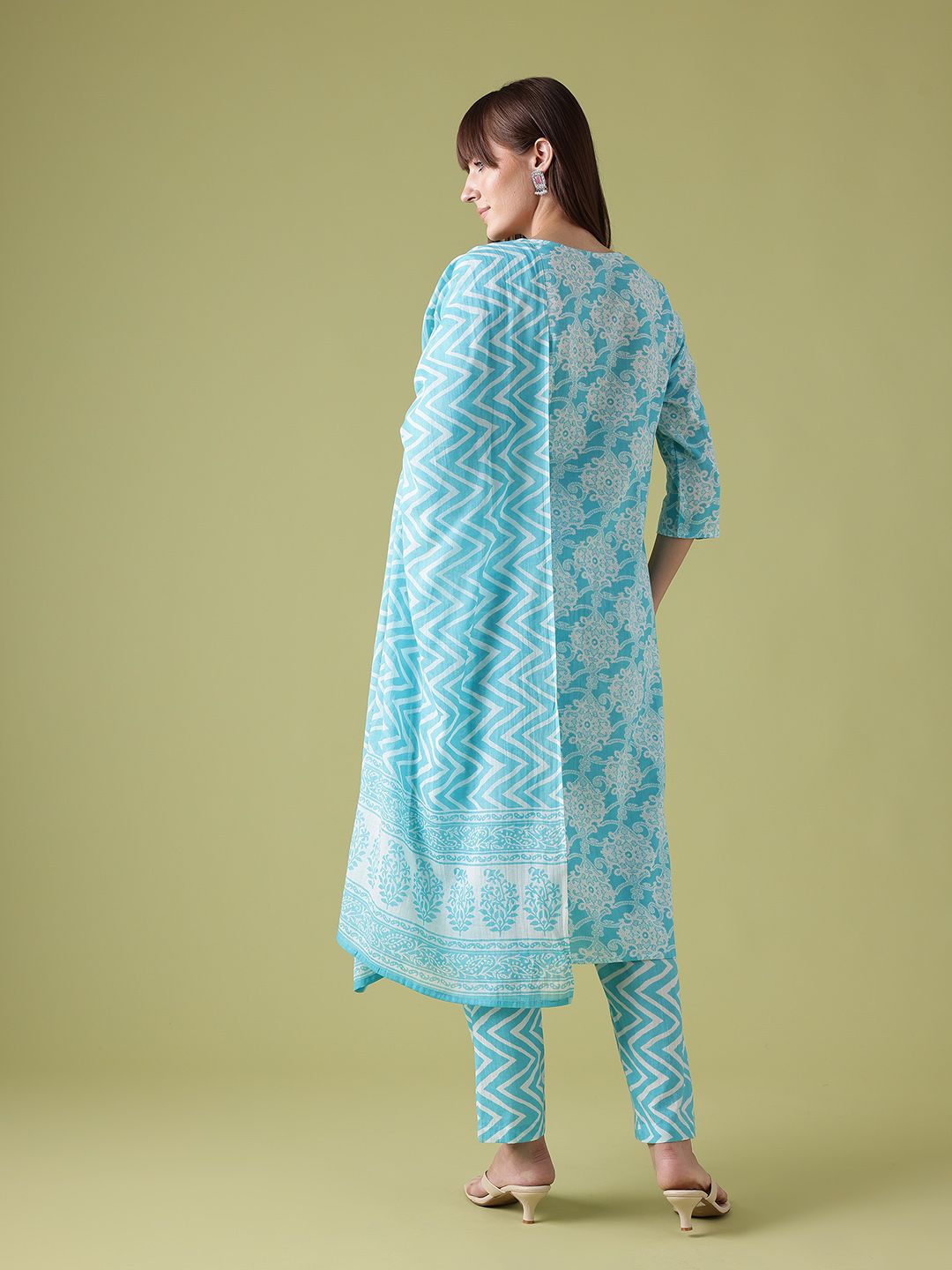 Anouk Floral Printed Pure Cotton Straight Kurta with Trousers & Dupatta
