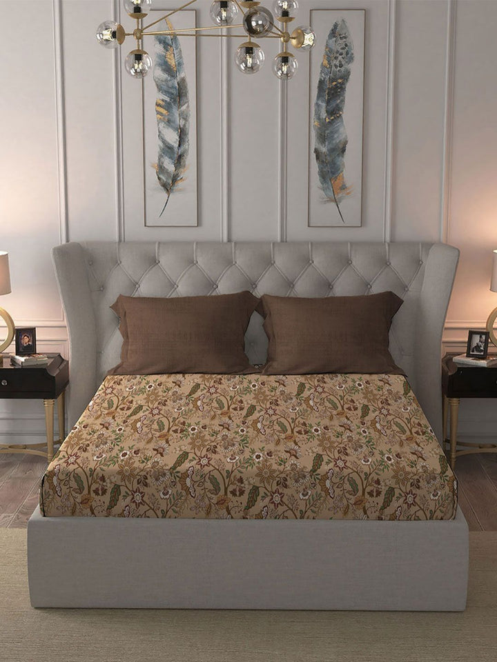 MYTRIDENT Chintz Brown Celebration Flat 144TC Queen Pure Cotton Bedsheet Set