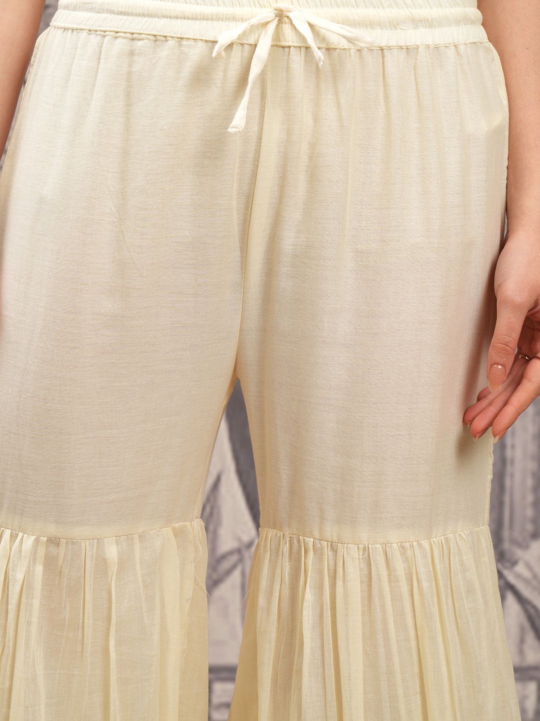 Vishudh Cream Ethnic Motifs Sequinned Pure Cotton Straight Kurta With Sharara & Dupatta
