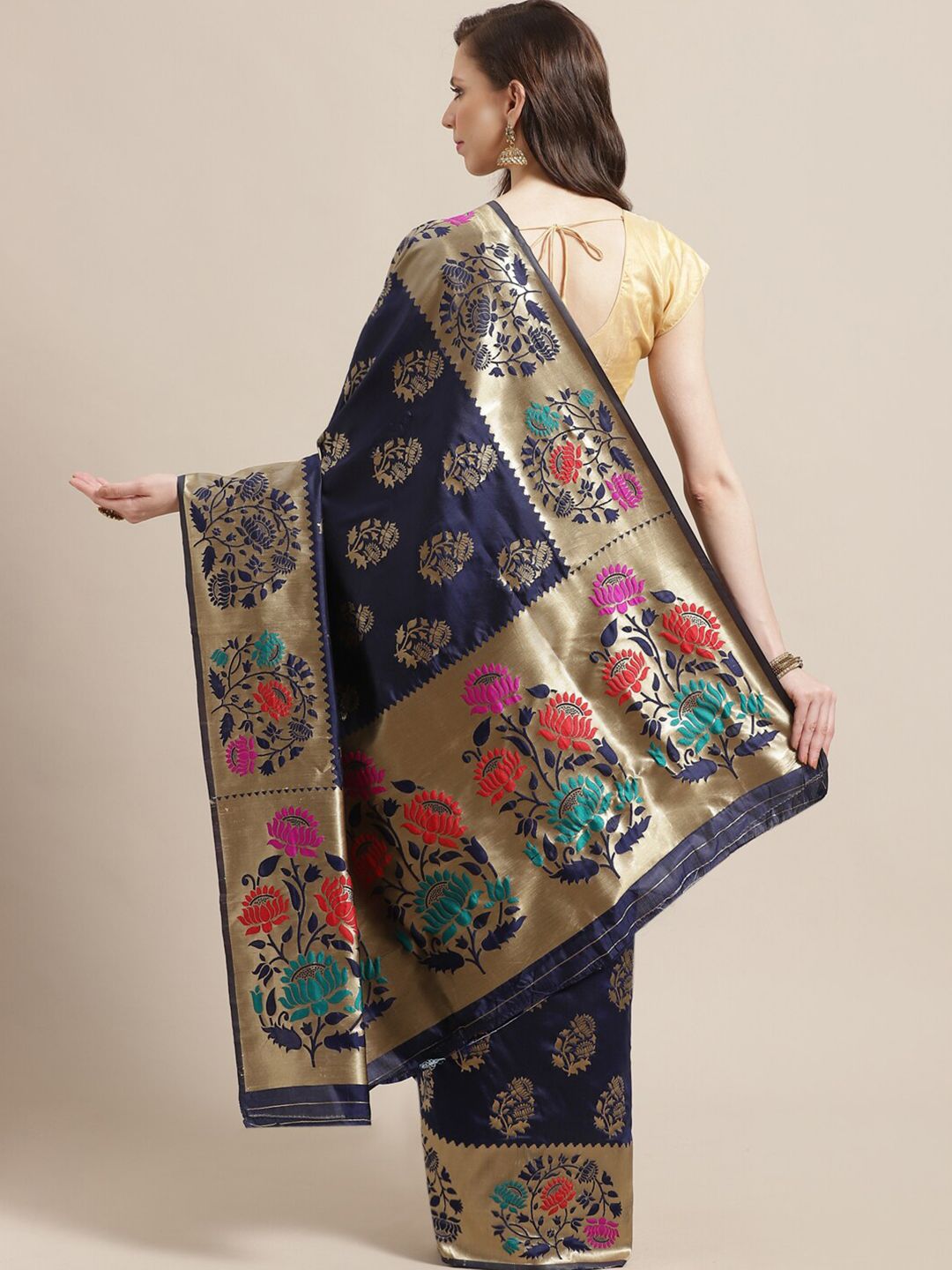Saree mall Navy Blue & Pink Floral Zari Silk Blend Banarasi Sarees