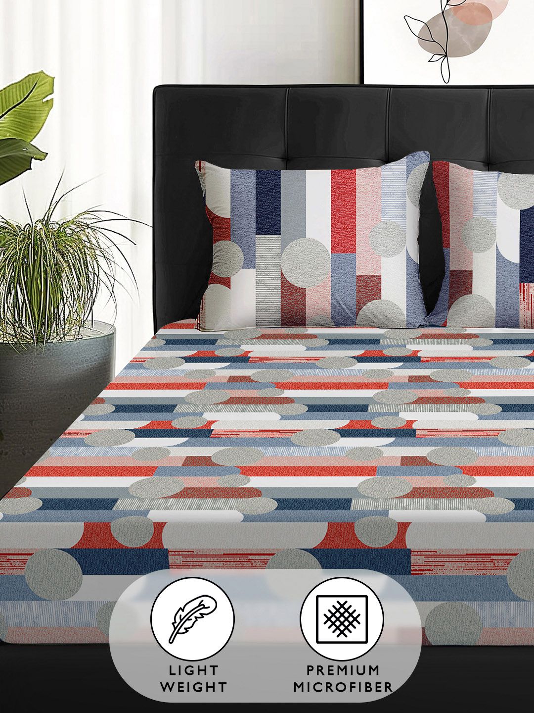 Story@home Arena Grey & Red Printed 180 TC Queen Bedsheet & 2 Pillow Covers