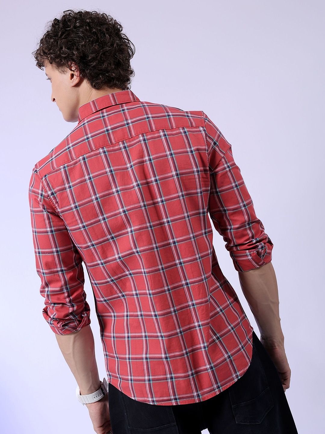 The Indian Garage Co Red Slim Fit Tartan Checked Pure Cotton Casual Shirt