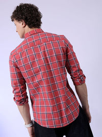 The Indian Garage Co Red Slim Fit Tartan Checked Pure Cotton Casual Shirt