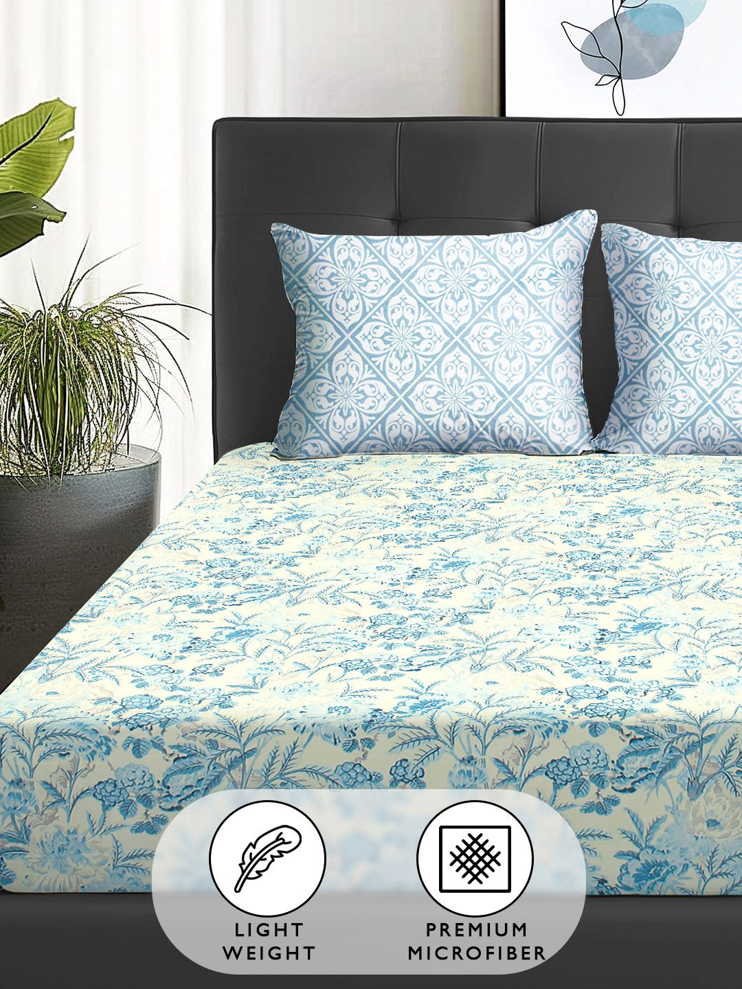 Story@home Turquoise Blue Floral 180 TC Queen Bedsheet With 2 Pillow Covers