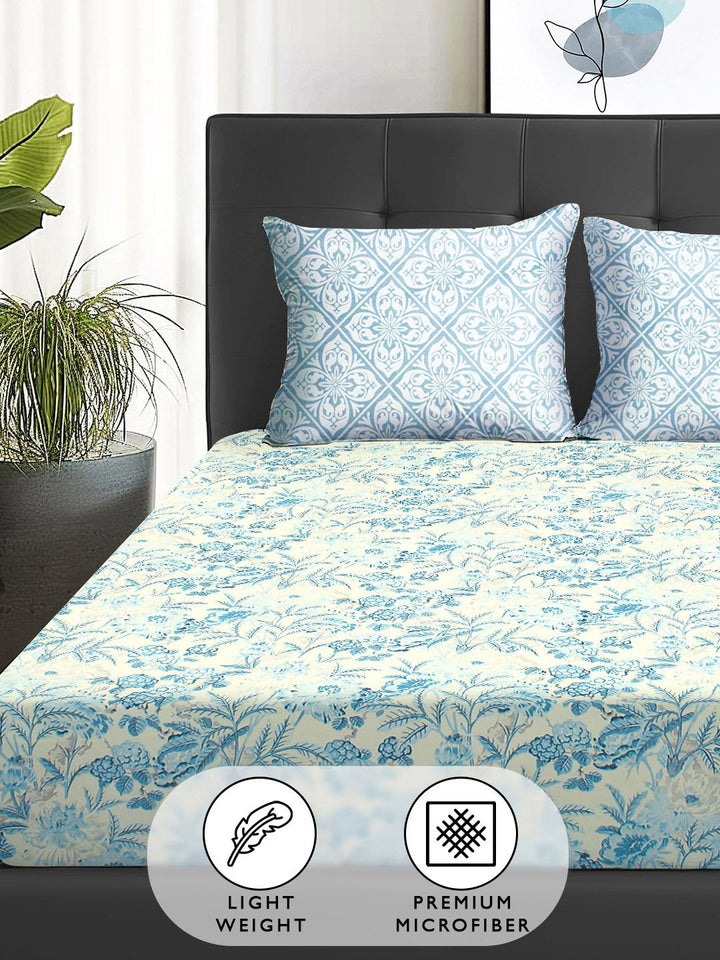 Story@home Turquoise Blue Floral 180 TC Queen Bedsheet With 2 Pillow Covers