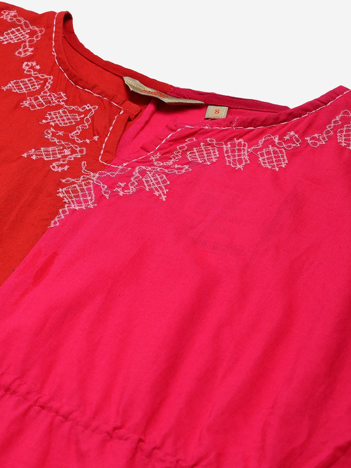 Anouk Women Red & Pink Colourblocked Cotton Kimono Sleeves Kaftan Kurta with Waist Tie-Up