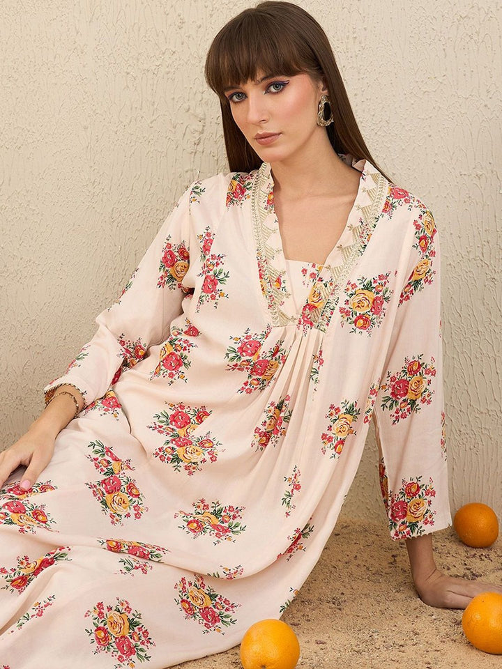 Indo Era White Floral Embroidered V-Neck Zari Panelled A-Line Kurta