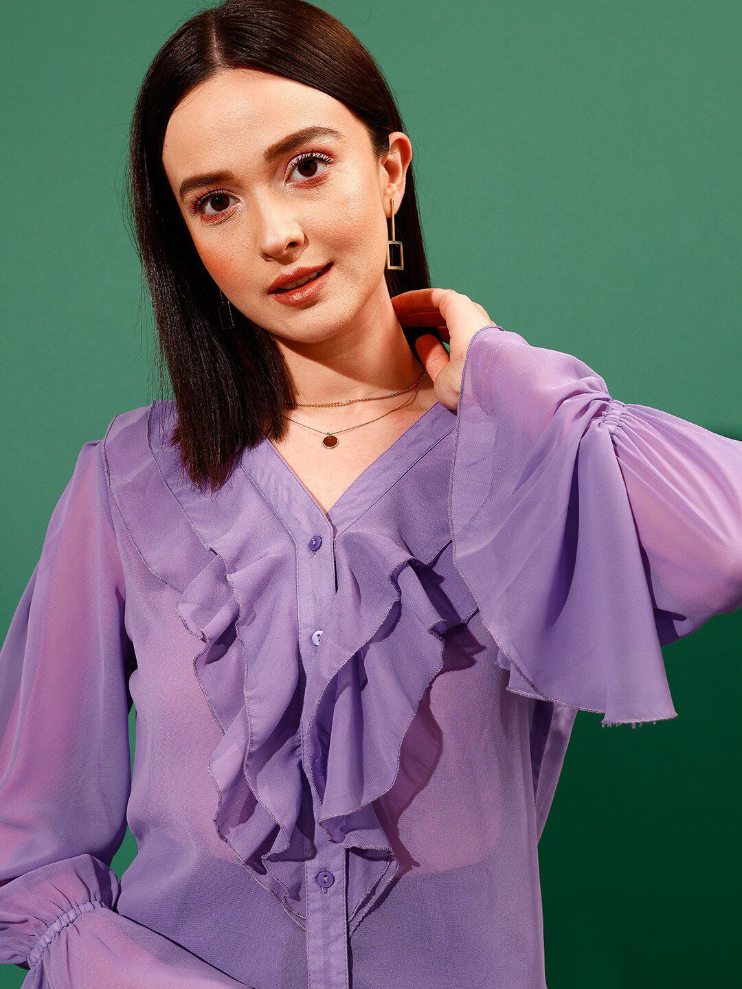 STREET 9 V-Neck Shirt Style Sheer Ruffled Top