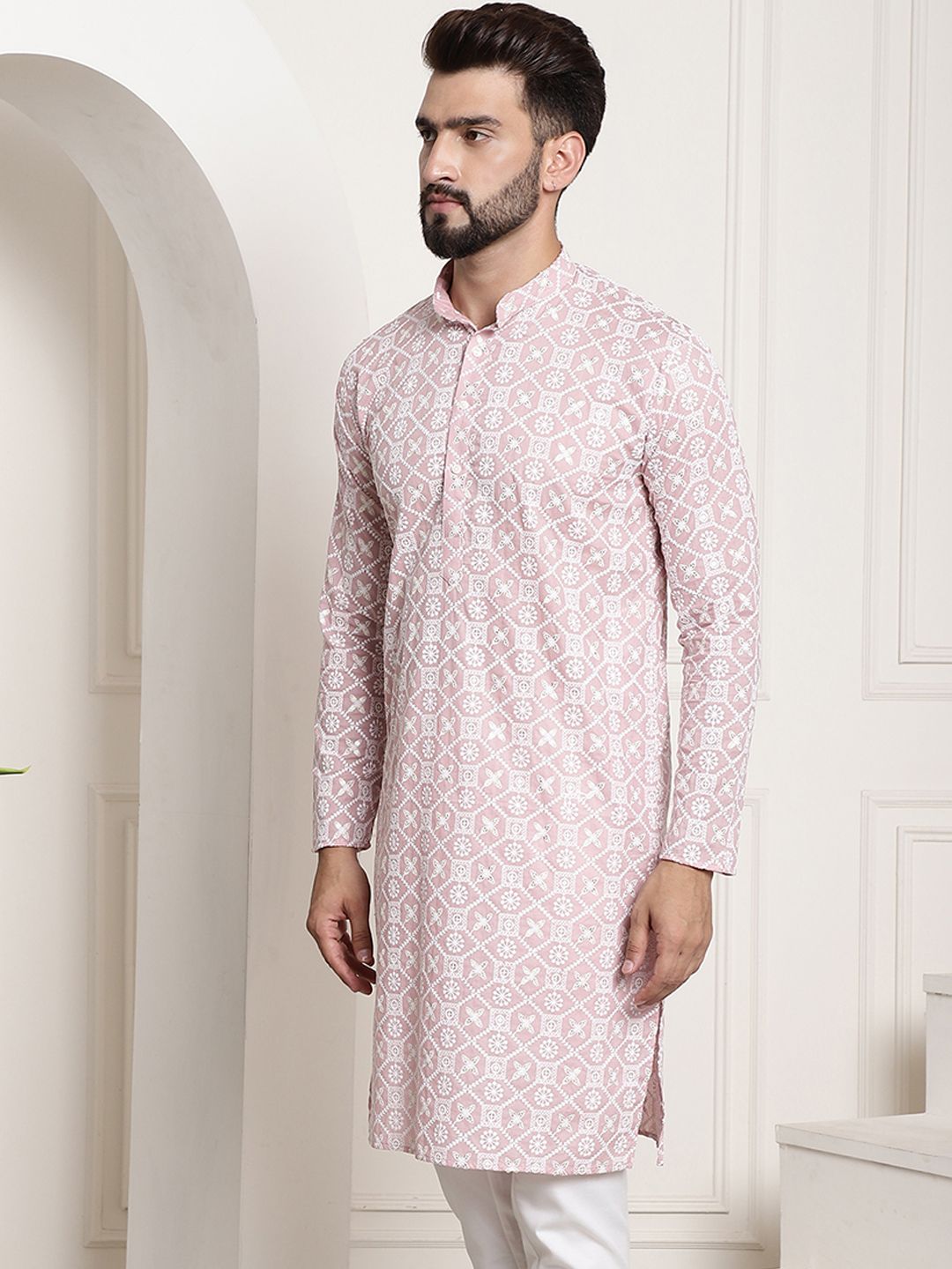 SOJANYA Band Collar Ethnic Motifs Embroidered Thread Work Cotton Kurta