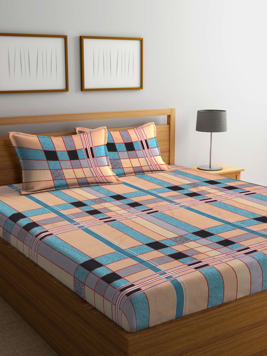 KLOTTHE Peach Geometric Polycotton 300 TC Dilengkapi Cadar King Halus dengan 2 Sarung Bantal-98 x 87 inci