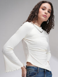 Tokyo Talkies Women Ribbed Mock Neck Bell Sleeve Fitted Top
