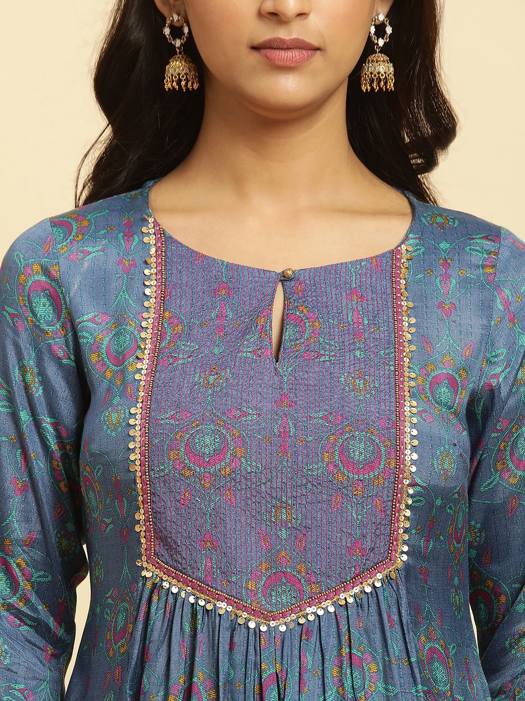 W Floral Printed Striped Keyhole Neck Straight Kurta