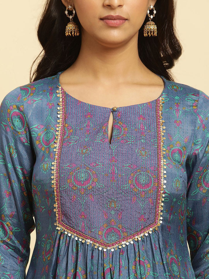 W Floral Printed Striped Keyhole Neck Straight Kurta