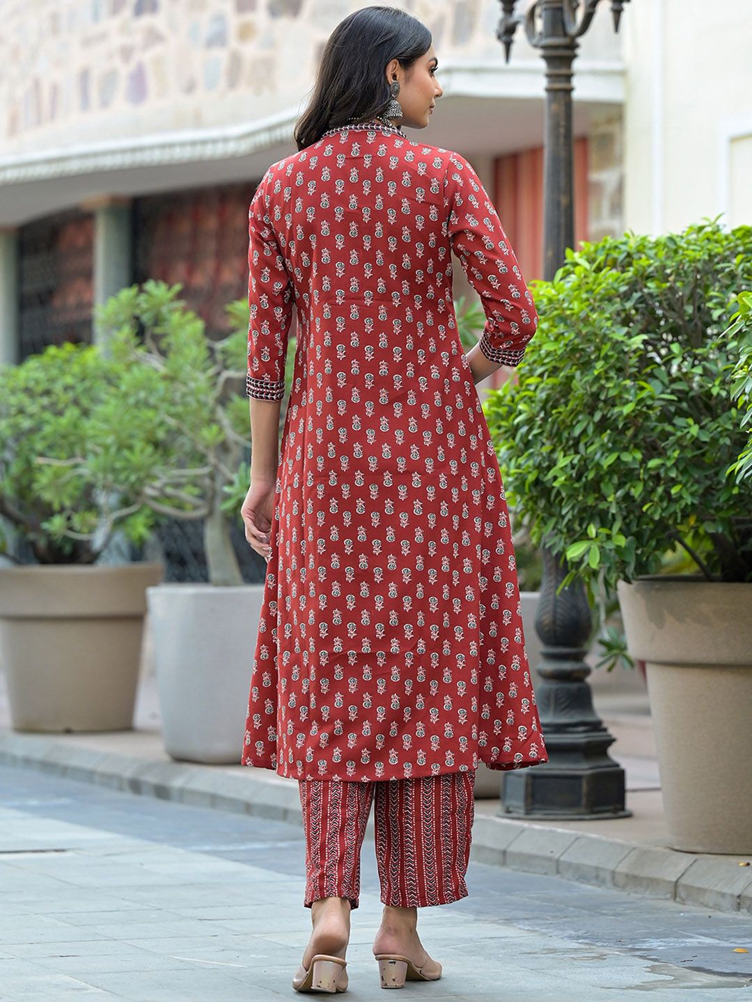 KALINI Floral Printed V-Neck Thread Work A-Line Kurta With Trousers & Dupatta