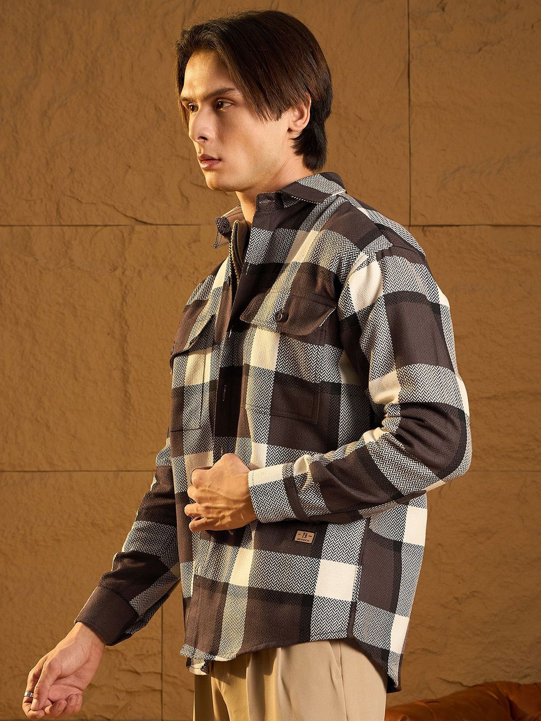 DENNISON Men Double Pocket Drop Shoulder Oversized Cotton Checked Shacket