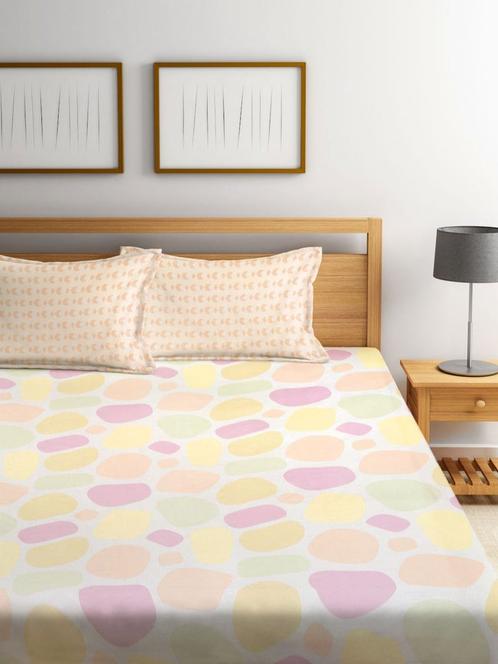 Myntra Elegant Homes White Abstract 300 TC Fitted King Fine Bedsheet with 2 Pillow Covers