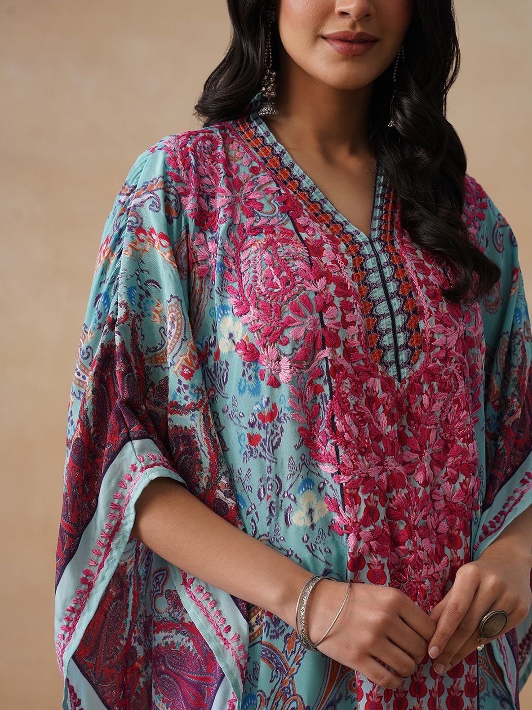 House of Chikankari Women Blue Printed Crepe Kaftan Kurta