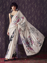 Tikhi Imli Floral Satin Fusion Black And White Saree