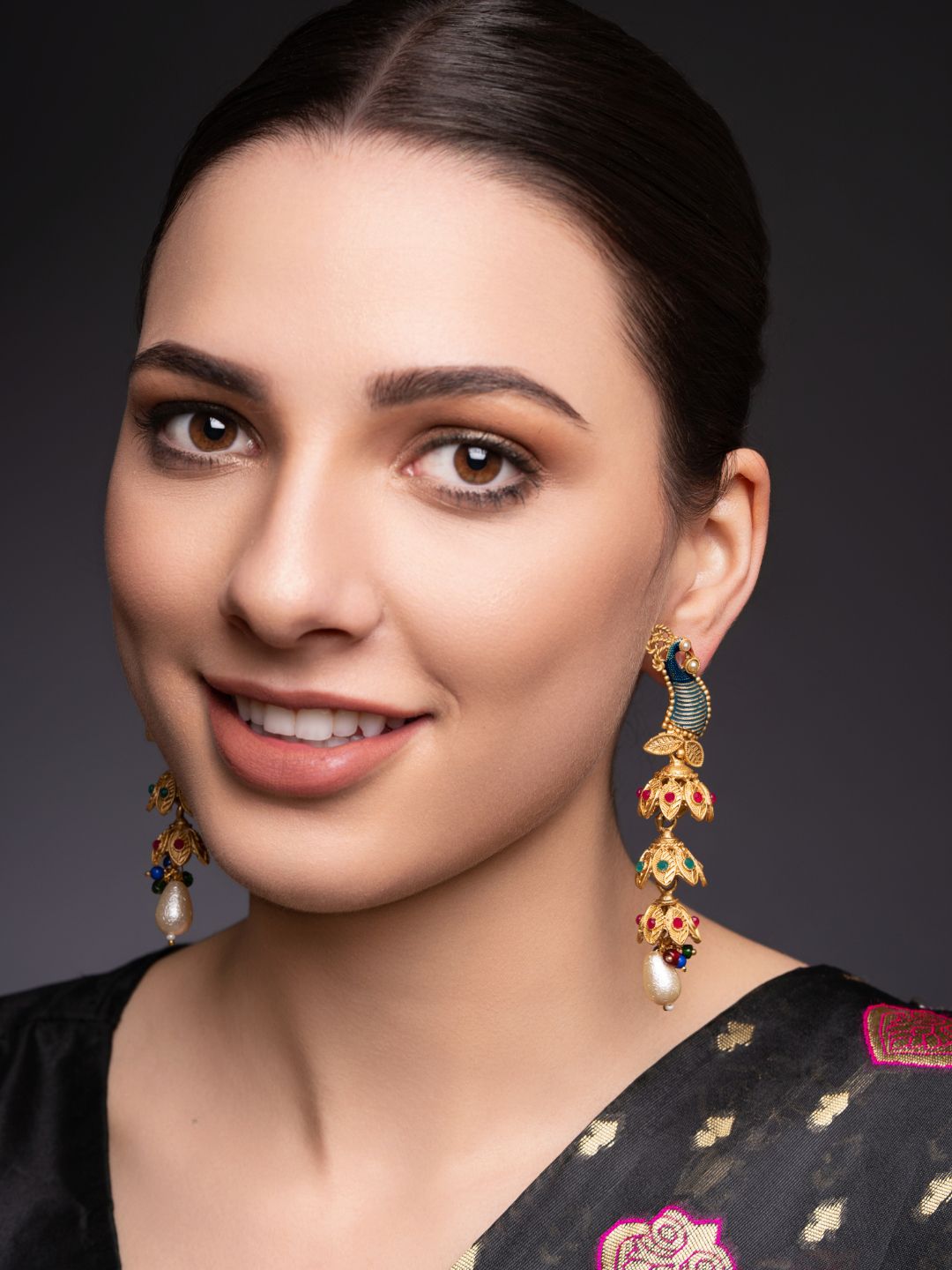 PANASH Gold-Plated Artificial Stones Studded And Beaded Peacock Shaped Drop Earrings