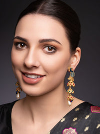 PANASH Gold-Plated Artificial Stones Studded And Beaded Peacock Shaped Drop Earrings