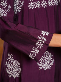 House of Chikankari Women Dark Purple Chanderi Chikankari Embroidered Kurta