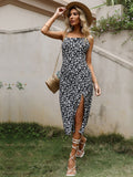 DressBerry Floral Print Shoulder Straps Bodycon Midi Dress with Slits