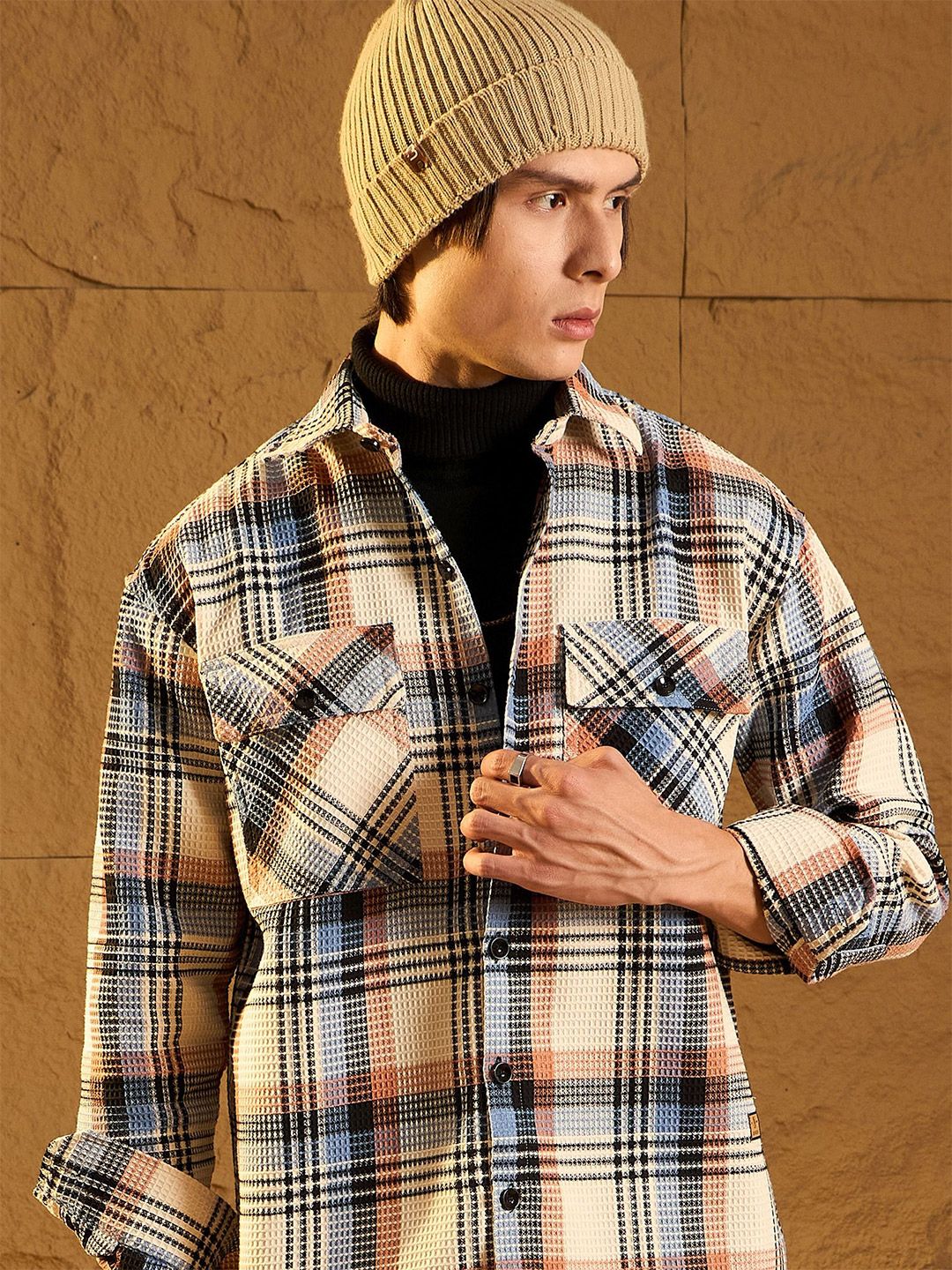 DENNISON Men Double Pocket Drop Shoulder Oversized Cotton Checked Shacket